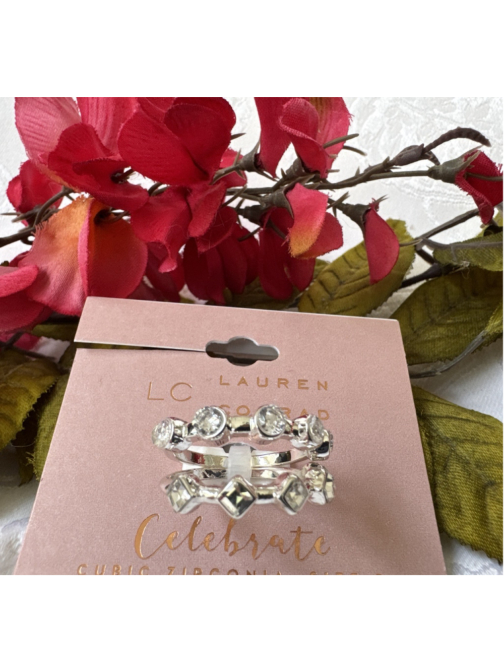 LC LAUREN CONRAD Dainty 2 PC Stack SIZE 7 Ring Silvertone CZ Band SET NEW